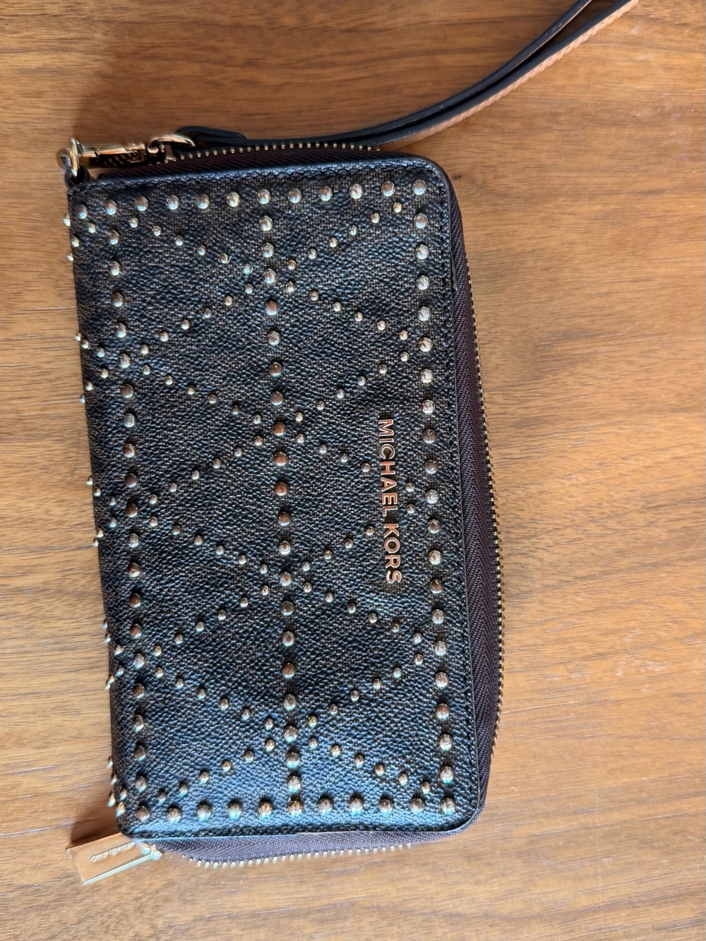 Michael Kors Black Studded Zip Wristlet with Gold Logo